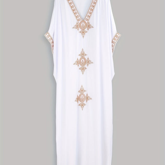  Kaftan Dress Women's Plus Floral Embroidery V Neck Maxi Dress