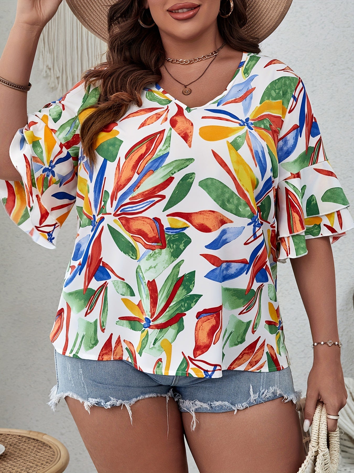  Vacay Blouse Women's Plus Leaf Print V Neck Beachwear Blouse