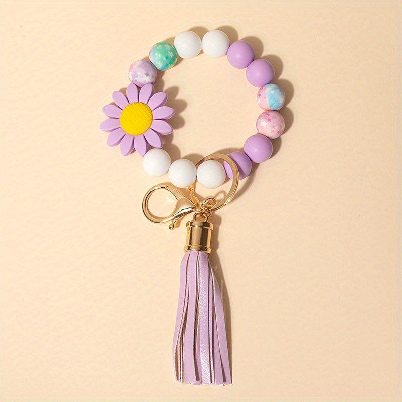 Sun Flower Silicone Bead Keychain Tassel Pendant
