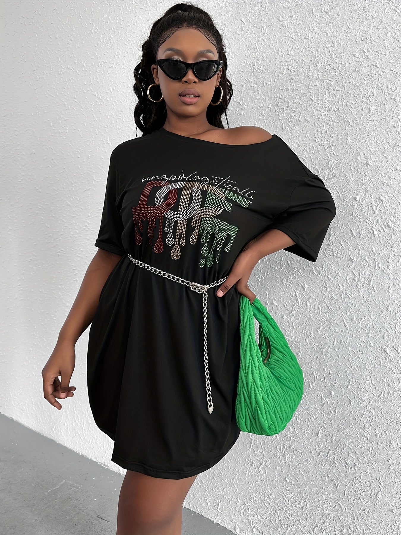  Rhinestone Slogan Print Short Sleeve Tee Dress