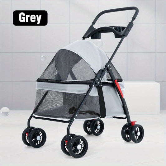 Folding Dog Stroller with Cup Holder & Mesh Window