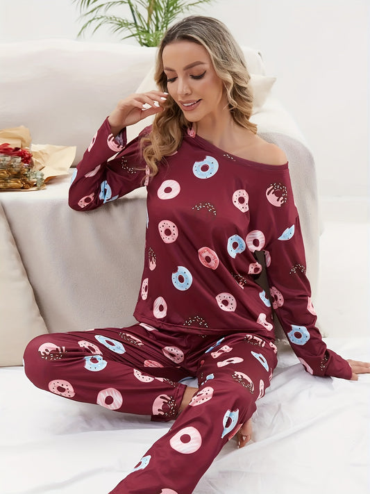 Donut Print Pajama Set Long Sleeve Crew Neck Top & Elastic Waistband Pants