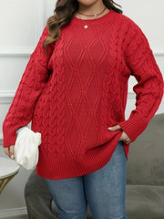  Casual Sweater Women's Solid Cable Long Sleeve Round Neck Jumper