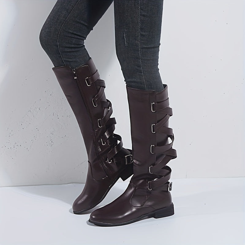 Women's Flat Knee High Boots Back Lace Up Cross Strap Side Zipper Long Boots