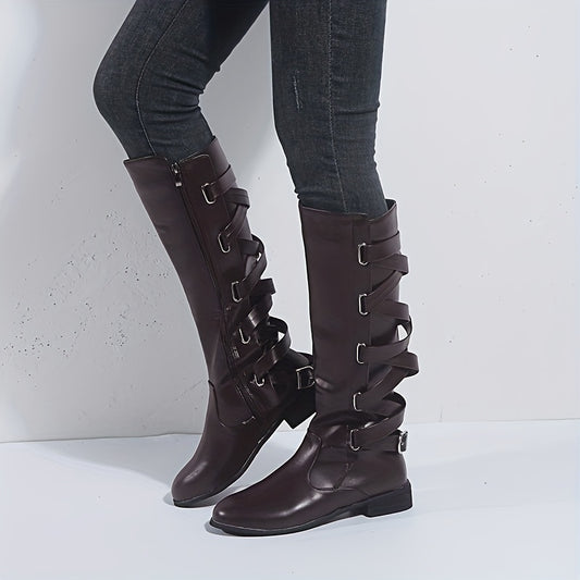 Women's Flat Knee High Boots Back Lace Up Cross Strap Side Zipper Long Boots