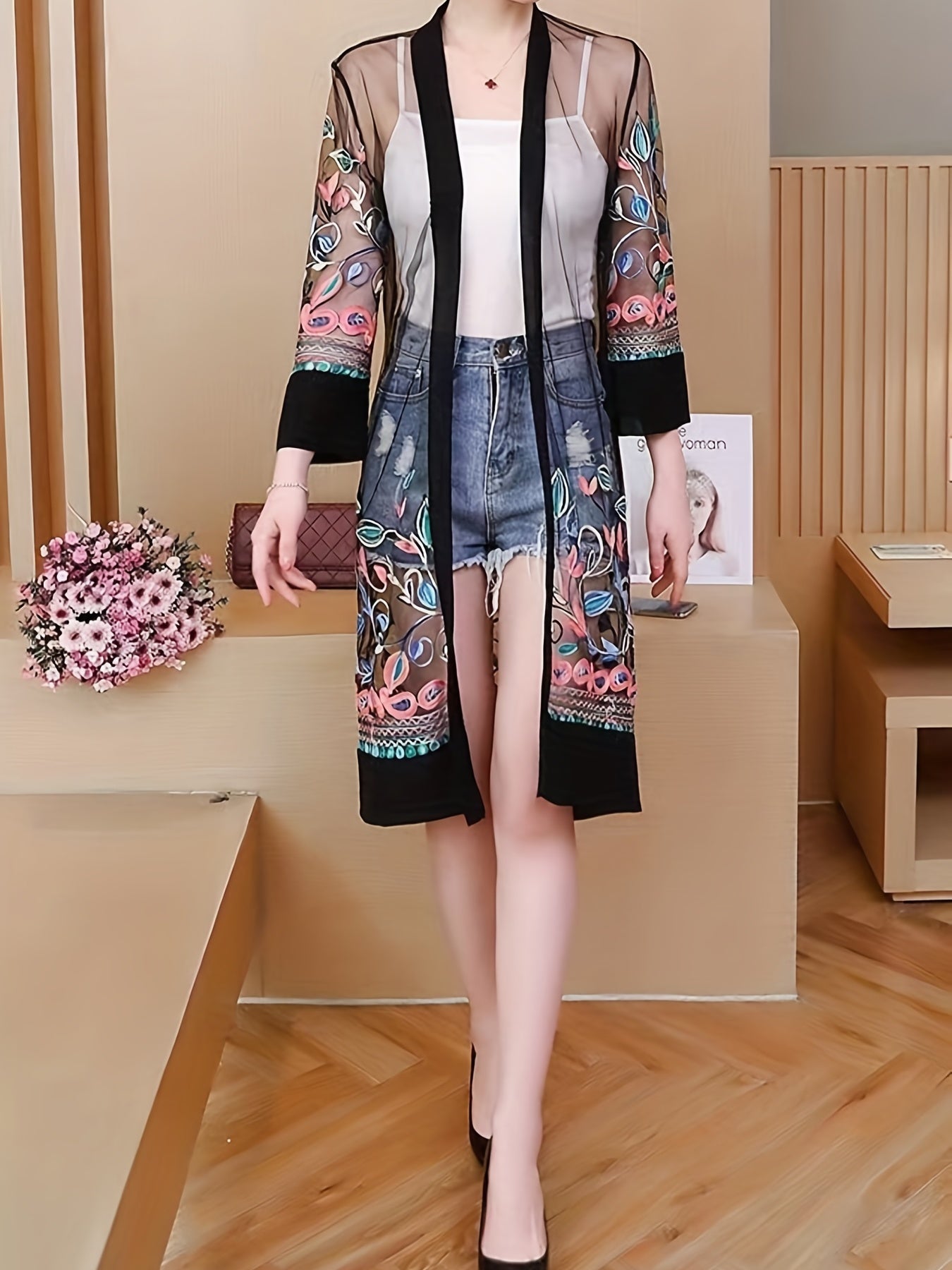 Floral Embroidered Sheer Cover Up Shirt Loose Fit Kimono