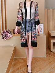 Floral Embroidered Sheer Cover Up Shirt Loose Fit Kimono