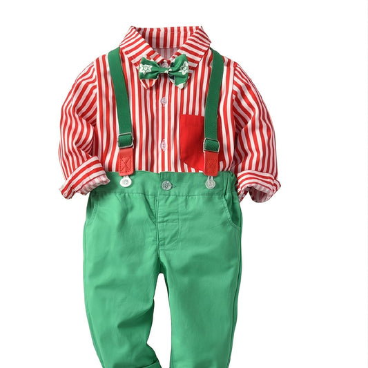 Boys Christmas Striped Bow Tie Overalls Set