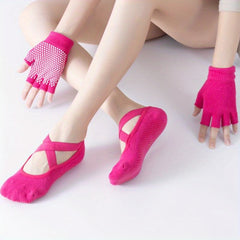 Non Slip Yoga Set with Gloves & Cross Strap Socks