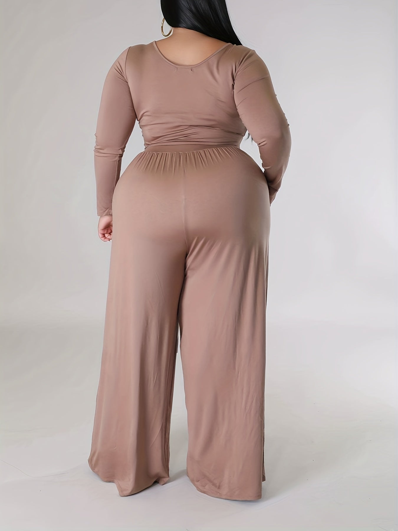 Plus Solid Long Sleeve Round Neck Crop Top & Belted Wide Leg Pants Outfit Set