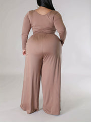 Plus Solid Long Sleeve Round Neck Crop Top & Belted Wide Leg Pants Outfit Set