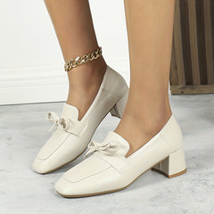 Chunky Heeled Loafers Square Toe Bowknot Slip On Shoes