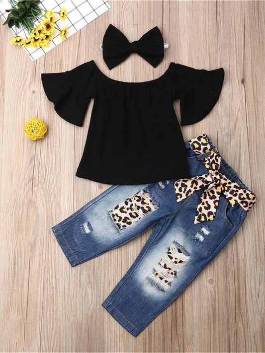4pc Toddler Girls Off Shoulder Top & Jeans Set w/ Leopard Belt & Headband