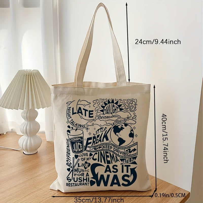 Letter Print Canvas Shopping Bag Lightweight Portable Square Shoulder Bag