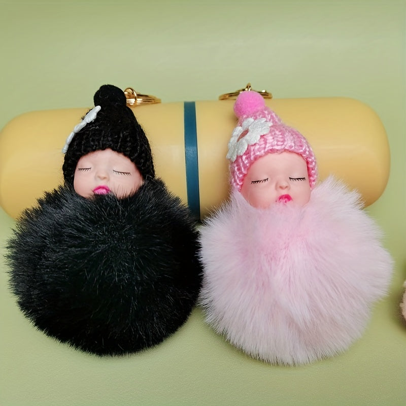 Cute Baby Doll Pom Pom Keychain Bag Charm Fluffy Fur Ball Pendant