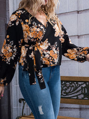  Floral Lantern Sleeve Top with Belt
