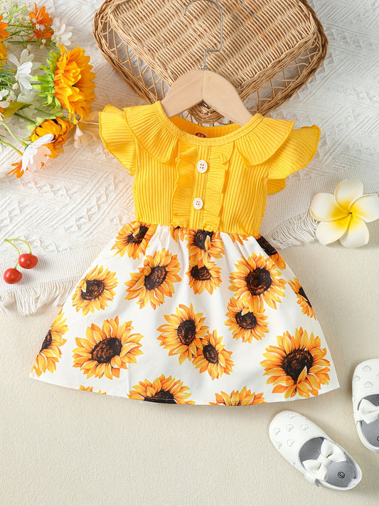 Toddler Baby Girls Ruffle Sleeve Dress Sunflowers Print Kids Clothes Summer