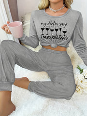 Letter Print Lounge Set Crew Neck Top & Pants Women's Sleepwear