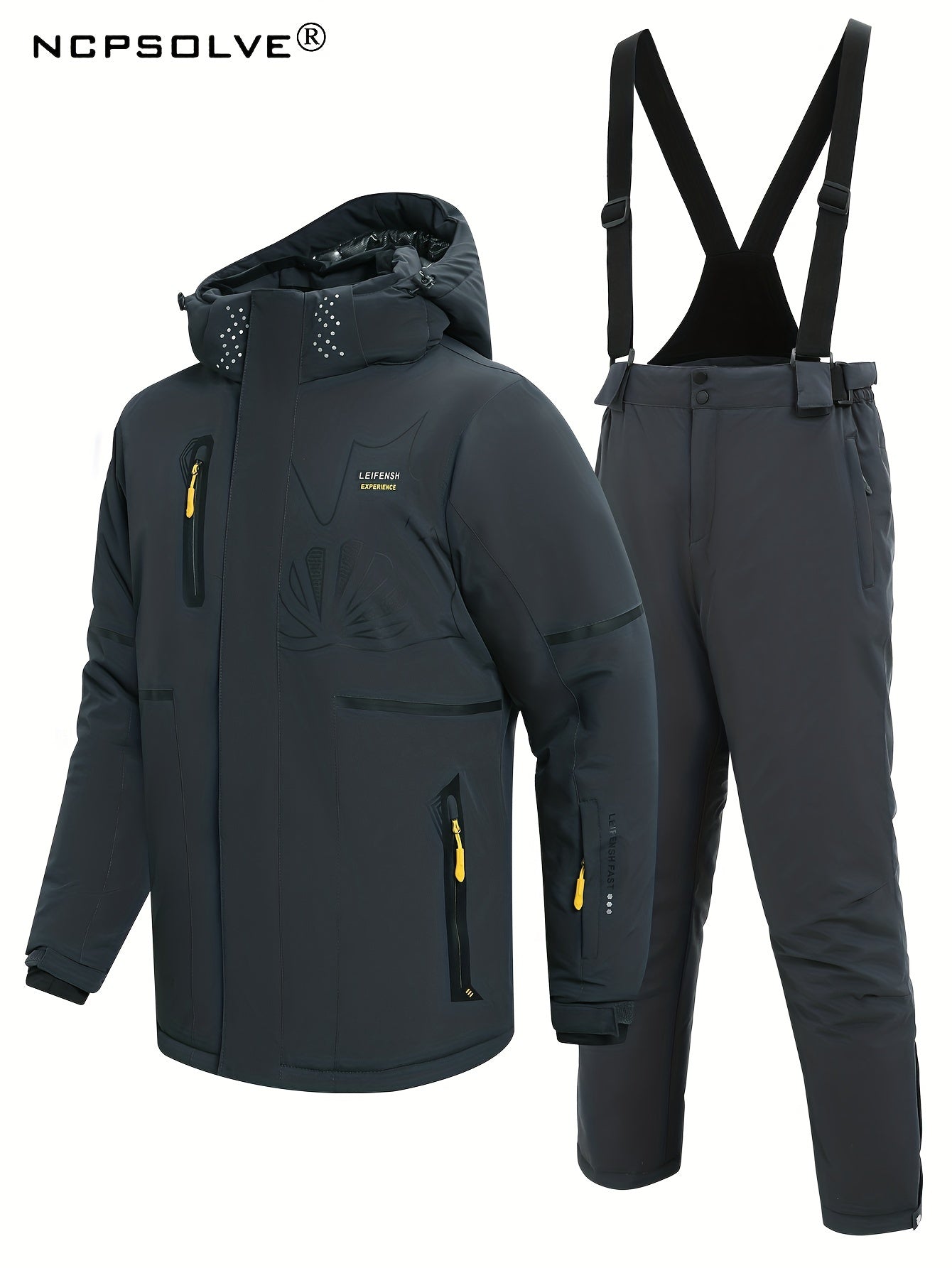 Men's Winter Skiing Outfits Zip Thick Warm Hooded Jacket And Thermal Solid Pants