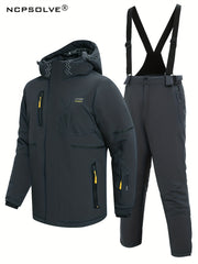 Men's Winter Skiing Outfits Zip Thick Warm Hooded Jacket And Thermal Solid Pants