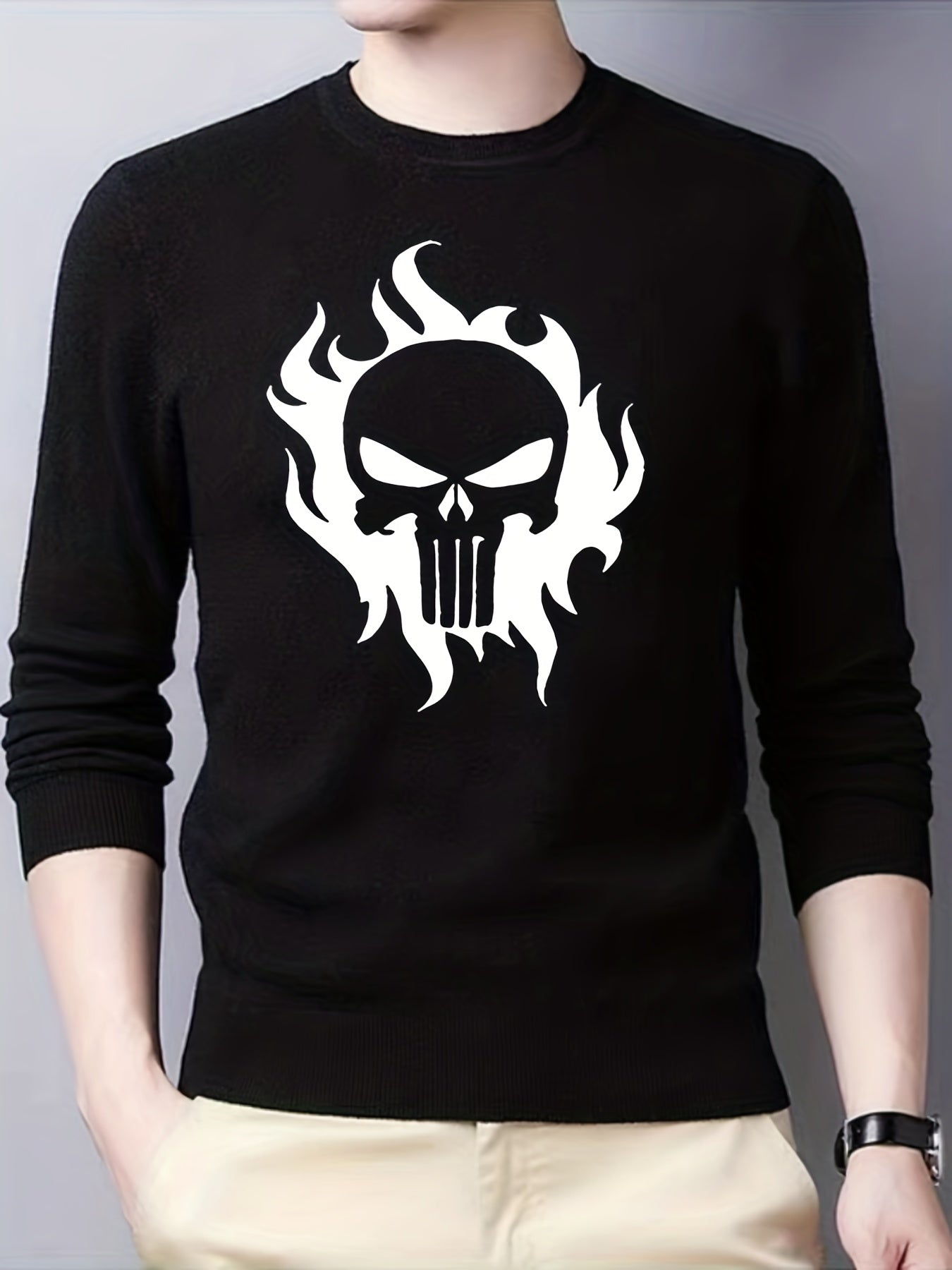 Skull In Fire Knitted Sweater Men's Warm Pullover For Fall Winter