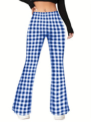 Women's Plus Plaid Elastic High Rise Flared Leg Trousers