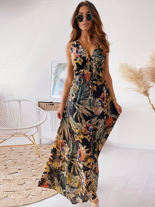 Boho Tropical Print Drawstring Sleeveless Maxi Dress Women's Clothing