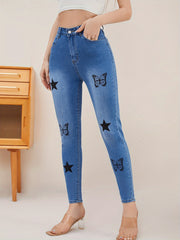  Women's Butterfly Star Print High Stretch Skinny Jeans