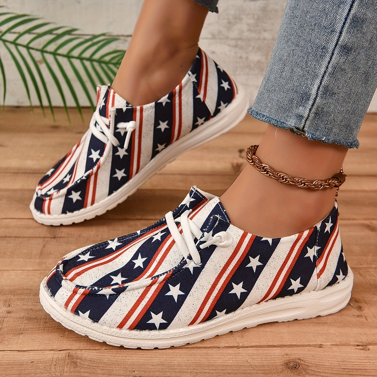 Women's Striped & Star Loafers Slip On Canvas Shoes