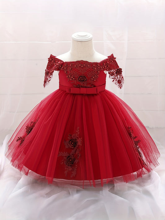 Baby Girls Gown Dress Floral Embroidery Off The Shoulder Mesh Princess Dress