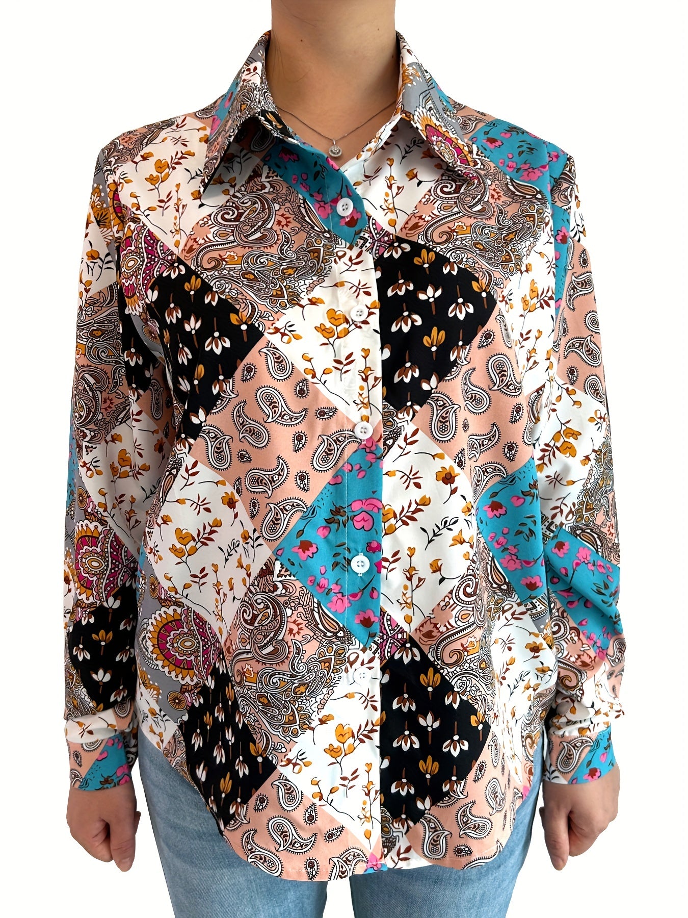  Boho Blouse Women's Plus Paisley Print Button Up Long Sleeve Blouse