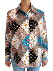  Boho Blouse Women's Plus Paisley Print Button Up Long Sleeve Blouse