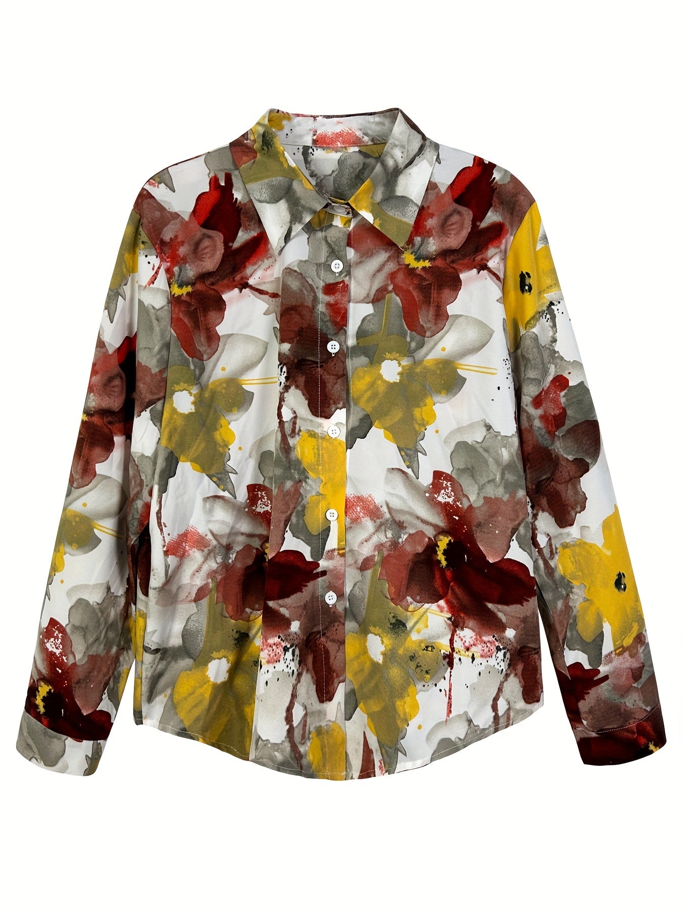  Tie Dye Floral Print Long Sleeve Button Up Collar Shirt Top