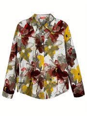  Tie Dye Floral Print Long Sleeve Button Up Collar Shirt Top