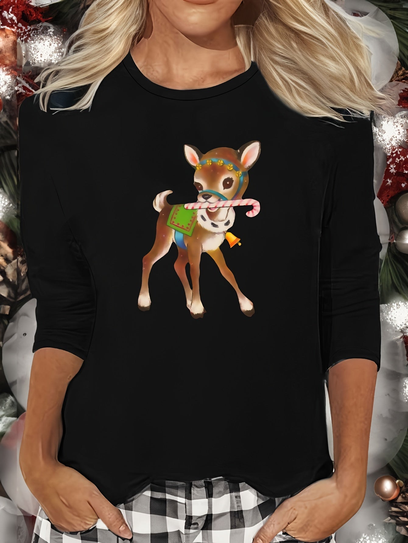 Christmas Deer Print Lounge Tops Long Sleeve Crew Neck Top