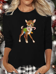 Christmas Deer Print Lounge Tops Long Sleeve Crew Neck Top