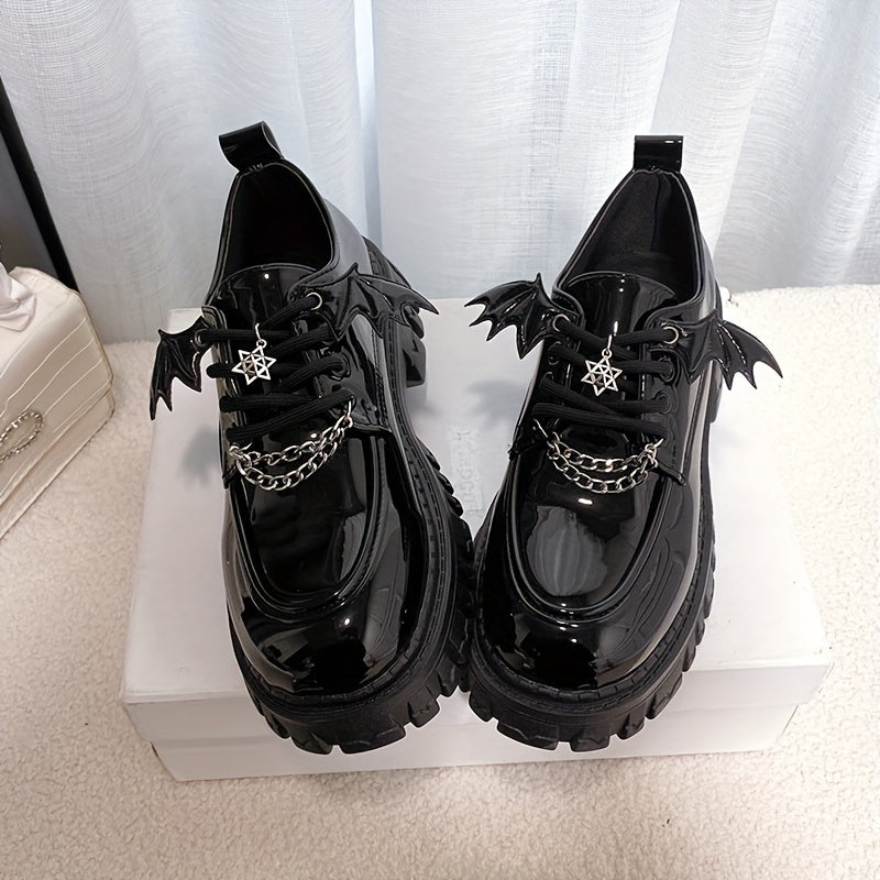 Women's Platform Loafers Chain Decor Lace Up Shoes