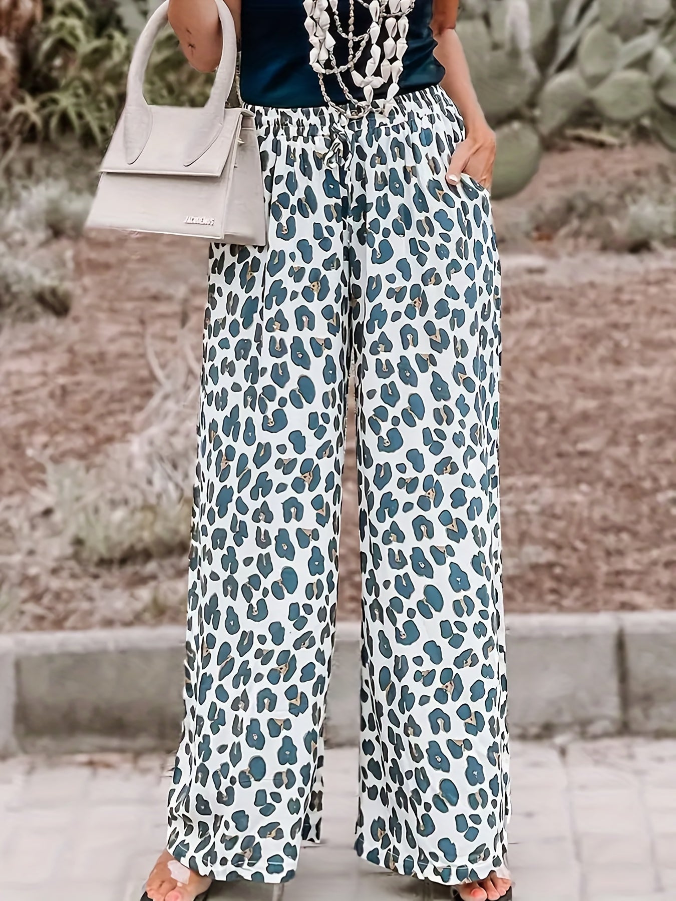  Leopard Print Elastic High Rise Wide Leg Trousers