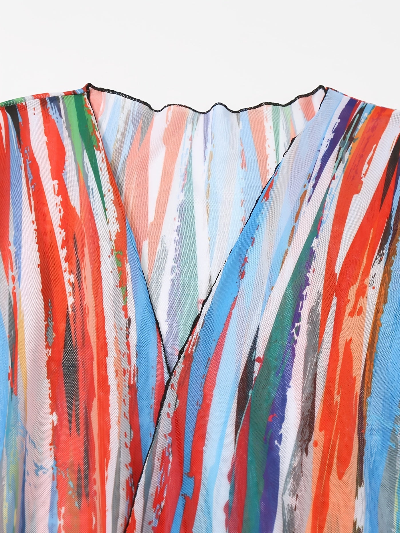 Striped Graffiti Sheer Kaftan V Neck Cover Up Dress Beachwear Kimono