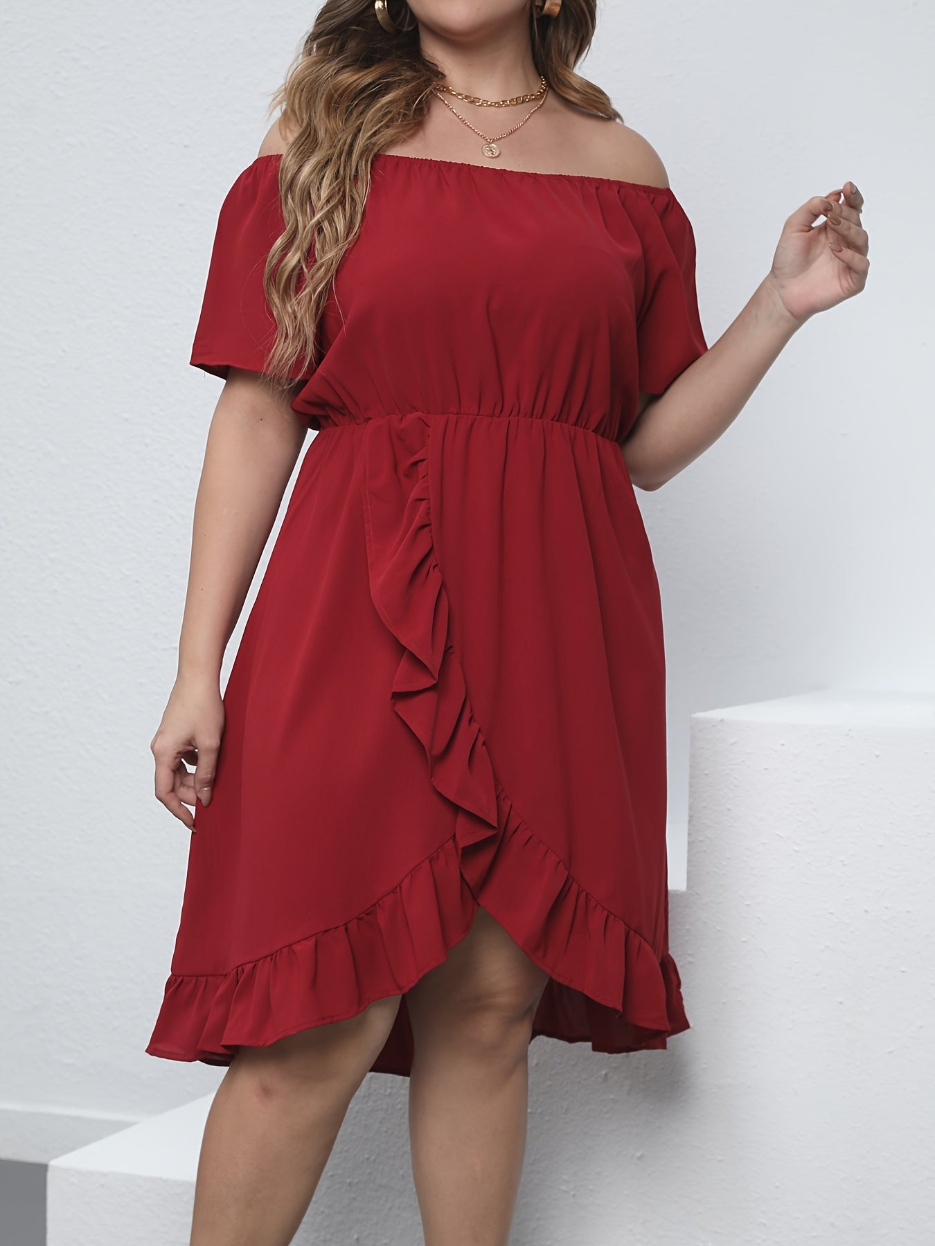 Off Shoulder Ruffle Trim Midi Dress Plus Size