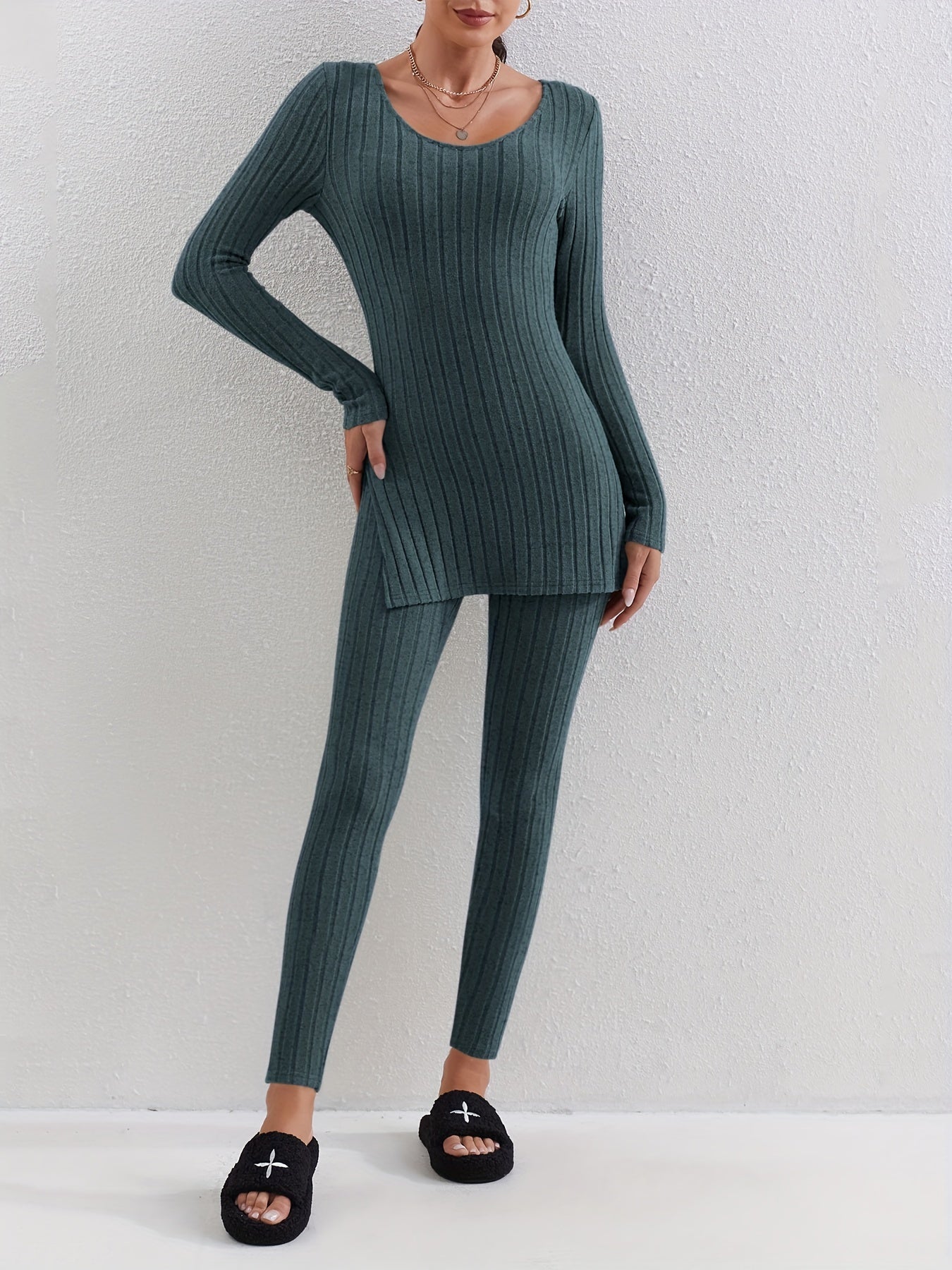 Ribbed Two piece Set Long Sleeve Side Split Top & Pants Outfits