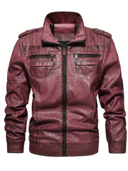 Men's Stand Collar PU Leather Jacket Retro Windproof Warm Jacket