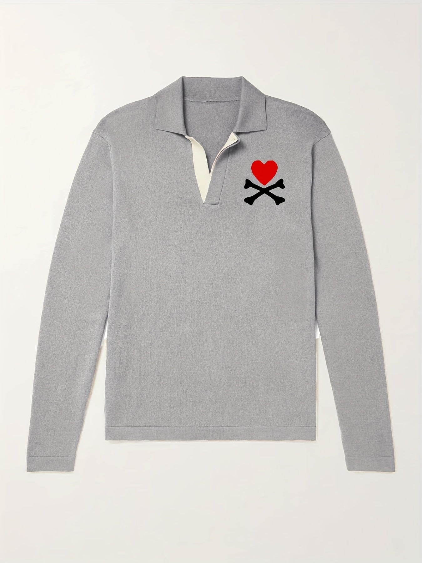 Heart Pattern Knit Polo Shirt Men's Casual Lapel Stretch V Neck Pullover