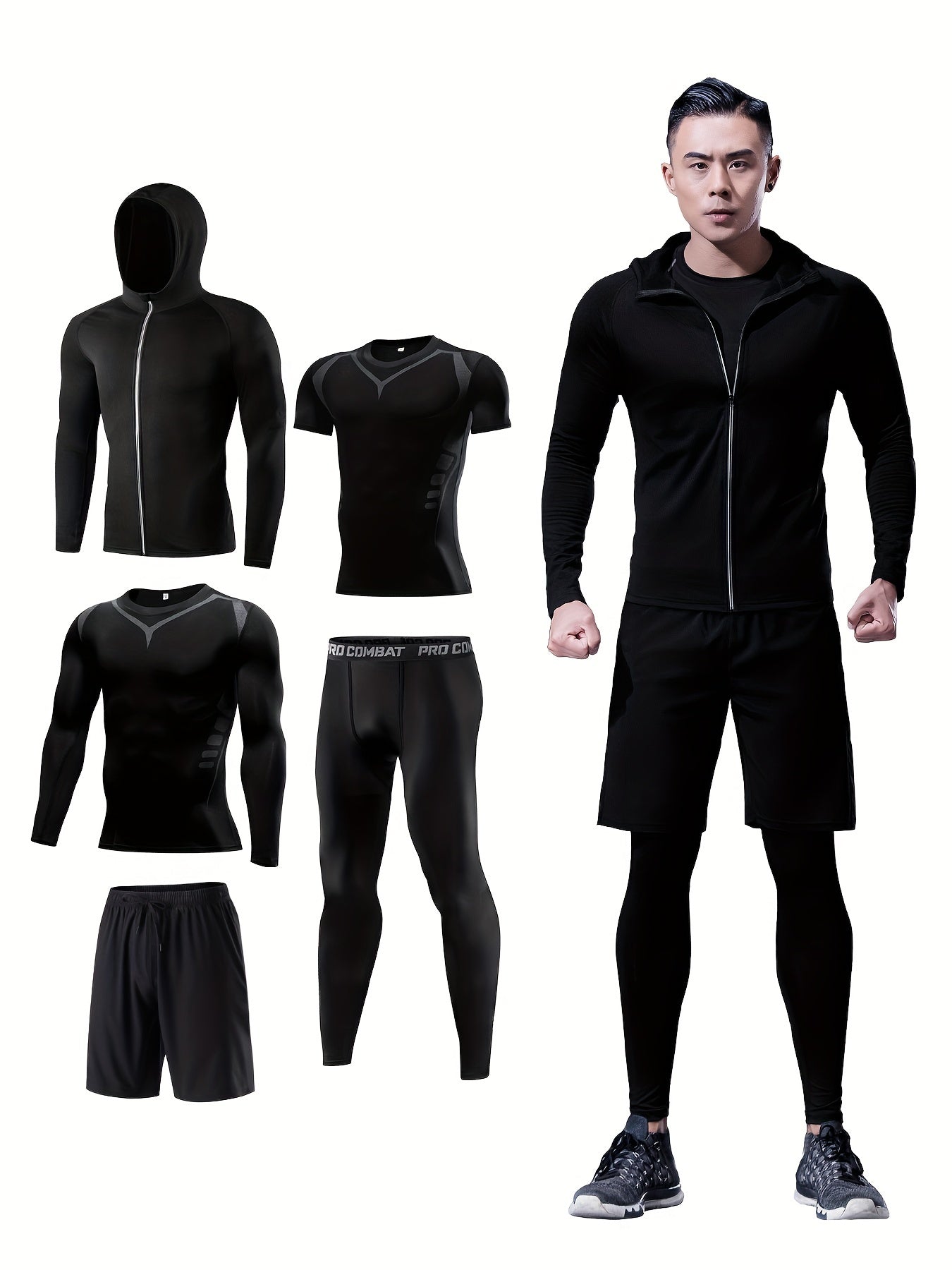 Men's Sports Set: Zip Up Hoodie Jacket & Fitness T-shirt & High Stretch Shorts