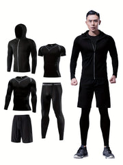 Men's Sports Set: Zip Up Hoodie Jacket & Fitness T-shirt & High Stretch Shorts
