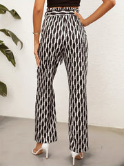  Geometric & Striped Print High Rise Wide Leg Pants With Belt