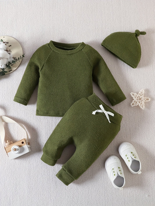 Baby 3pcs Set Ribbed Knitted Tops & Long Pants & Cap Cotton Clothes