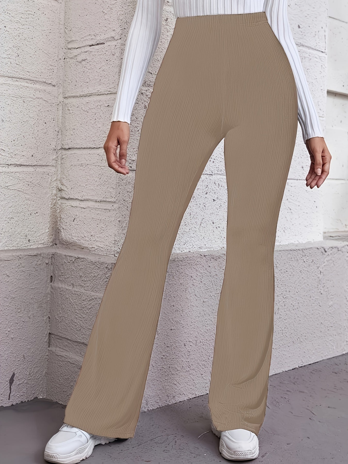  Women's Ribbed High Rise Flared Leg Trousers