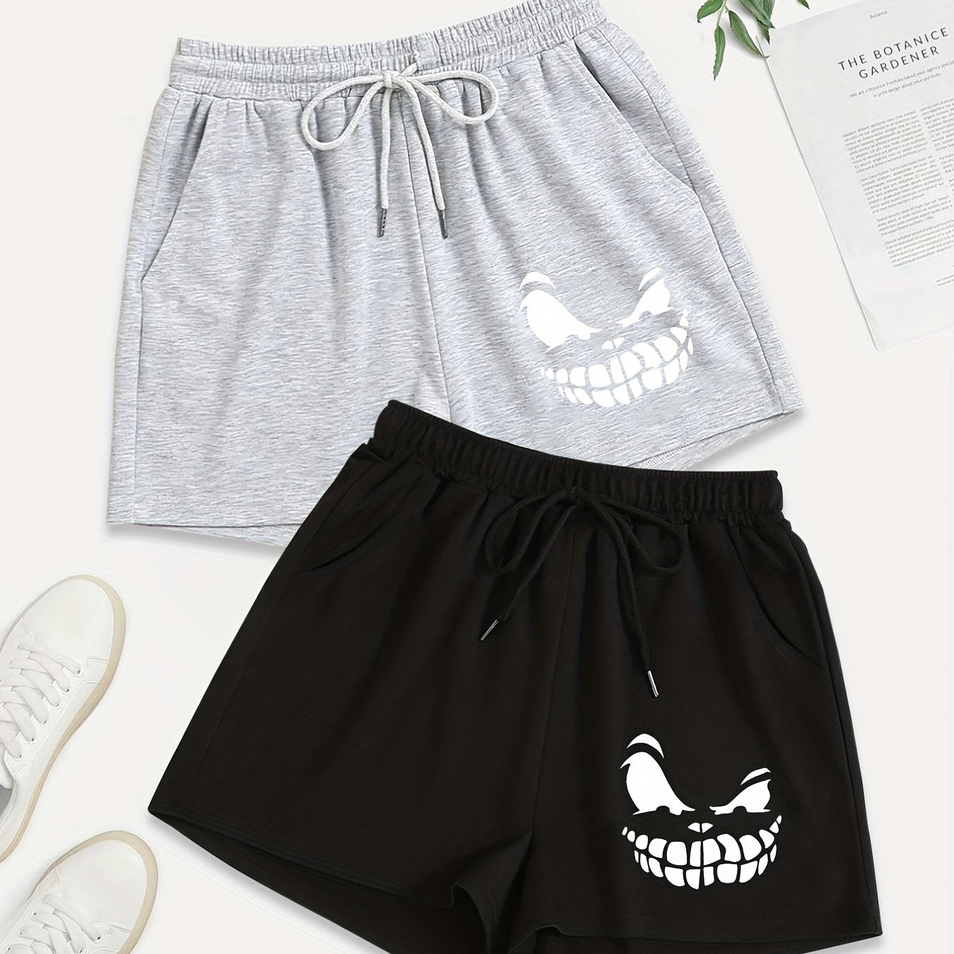 2 Pack Plus Size Casual Shorts Women's Plus Cartoon Print Drawstring Shorts
