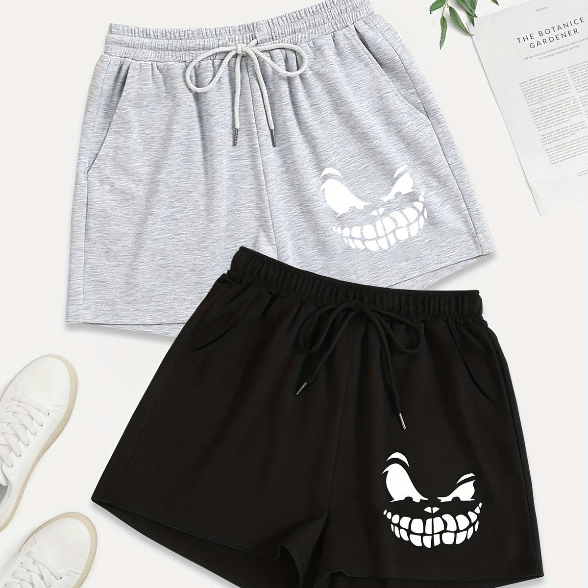 2 Pack Plus Size Casual Shorts Women's Plus Cartoon Print Drawstring Shorts